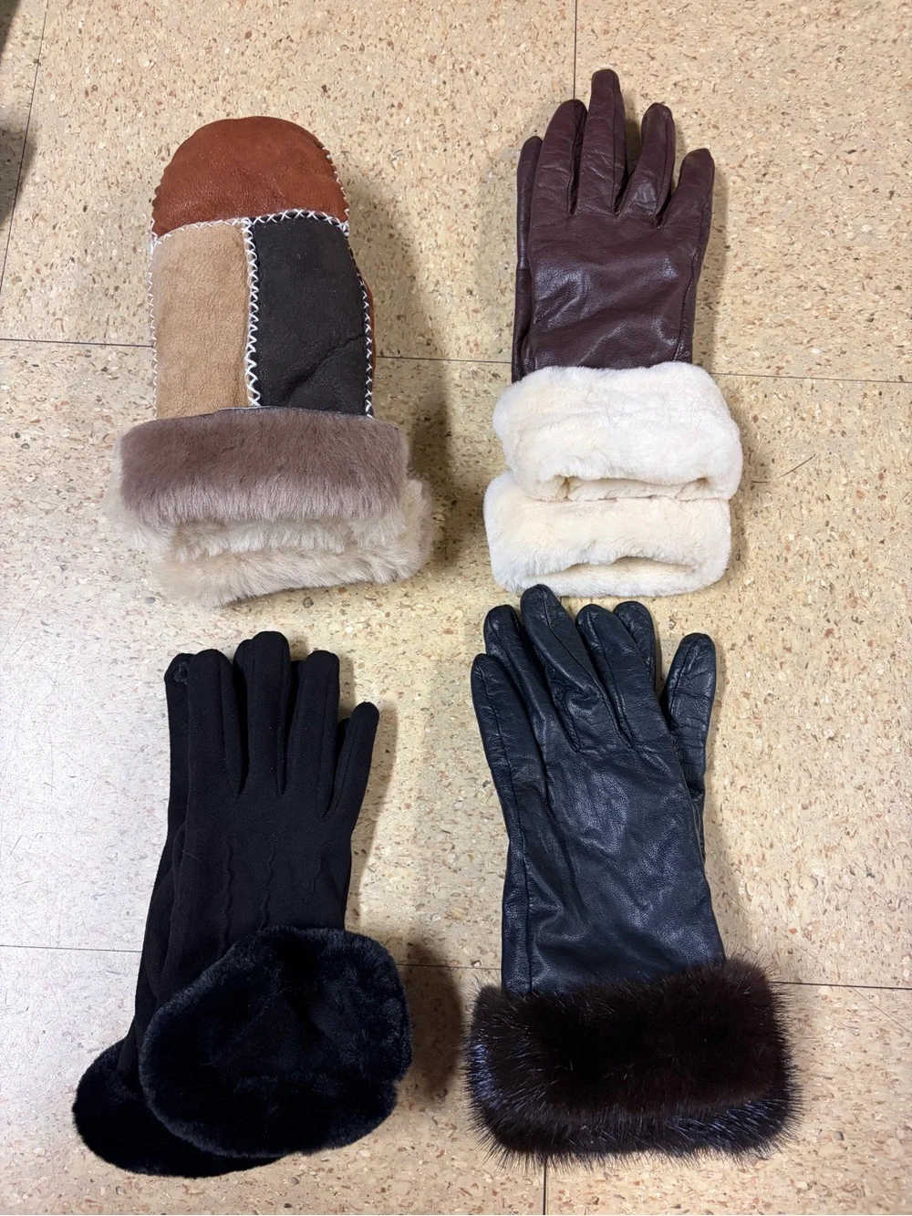 Lot Of 4 Womens Black Brown Cashmere Leather Gloves Faux Fur Cuff Elegant Winter